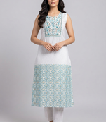 White and turquoise embroidered kurta set
