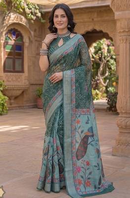 sea green chanderi bandhani printed ready to wear saree 3
