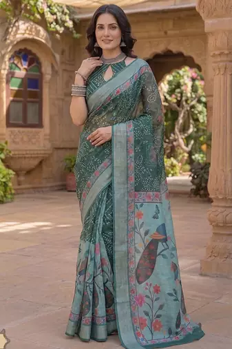 sea green chanderi bandhani printed ready to wear saree