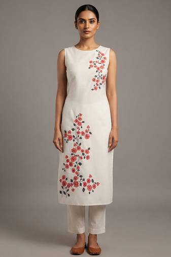 White red floral embroidered kurta set