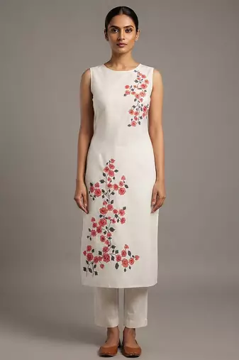 White red floral embroidered kurta set