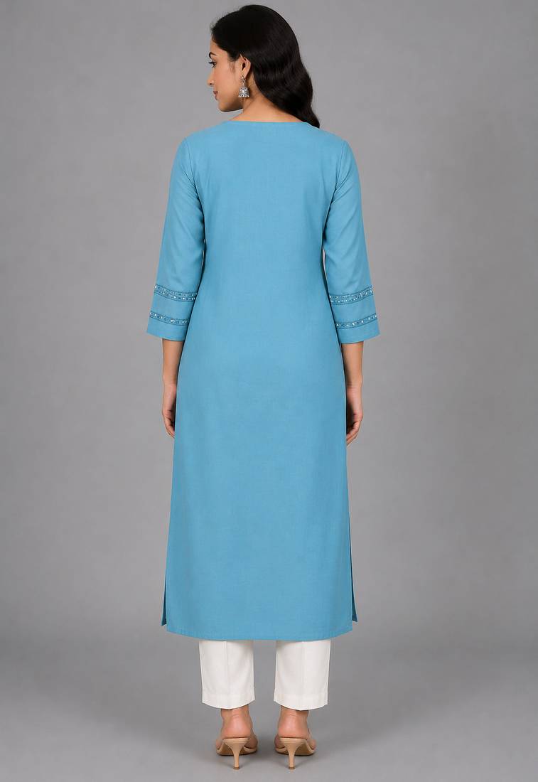 Teal blue embroidered kurta set