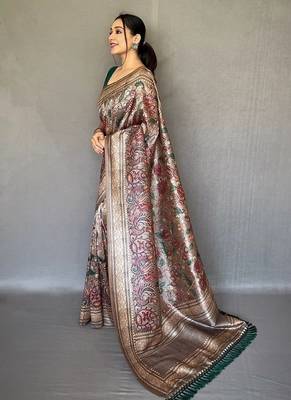 brown color kalamkari fusion print contemporary silk blend saree   1