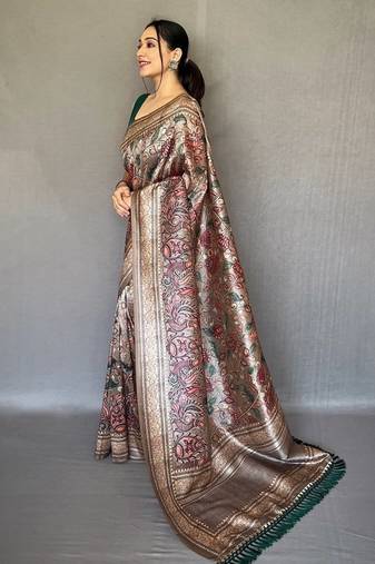brown color kalamkari fusion print contemporary silk blend saree  