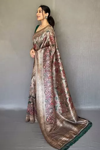 brown color kalamkari fusion print contemporary silk blend saree  