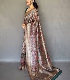 brown color kalamkari fusion print contemporary silk blend saree  