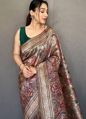 brown color kalamkari fusion print contemporary silk blend saree   2