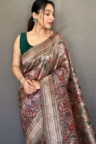 brown color kalamkari fusion print contemporary silk blend saree  