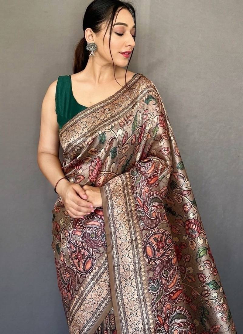 brown color kalamkari fusion print contemporary silk blend saree  