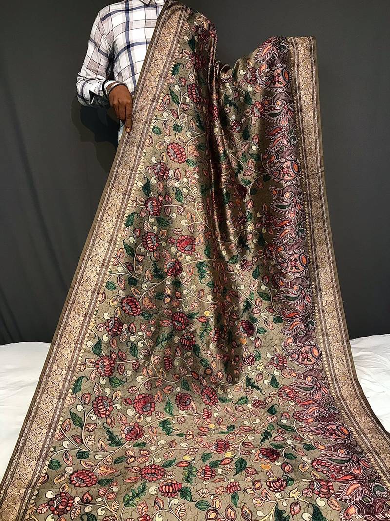 brown color kalamkari fusion print contemporary silk blend saree  