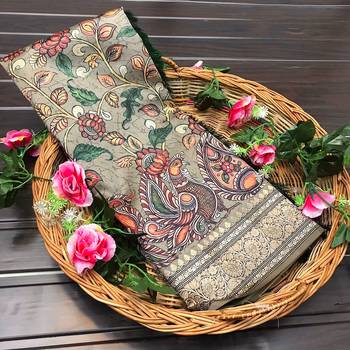 brown color kalamkari fusion print contemporary silk blend saree   4