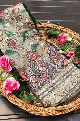 brown color kalamkari fusion print contemporary silk blend saree  