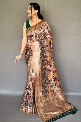 mustard color kalamkari fusion print contemporary silk blend saree  