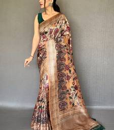 mustard color kalamkari fusion print contemporary silk blend saree  