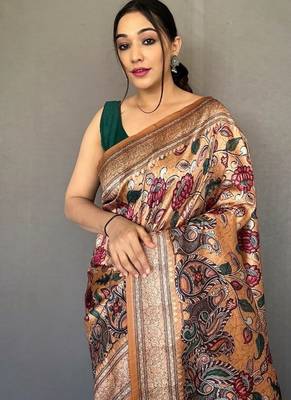 mustard color kalamkari fusion print contemporary silk blend saree   2