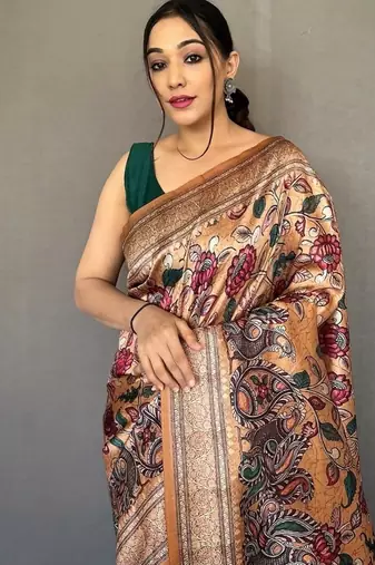mustard color kalamkari fusion print contemporary silk blend saree  