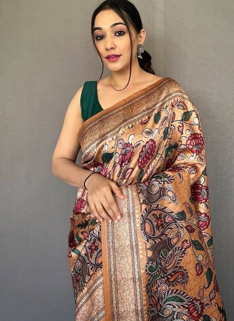 mustard color kalamkari fusion print contemporary silk blend saree  