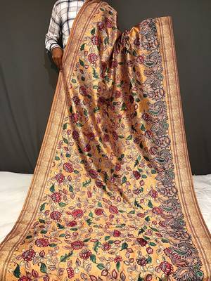 mustard color kalamkari fusion print contemporary silk blend saree   3