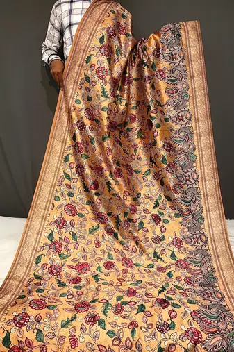 mustard color kalamkari fusion print contemporary silk blend saree  