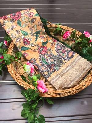 mustard color kalamkari fusion print contemporary silk blend saree   4