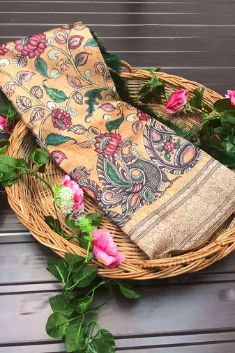 mustard color kalamkari fusion print contemporary silk blend saree  