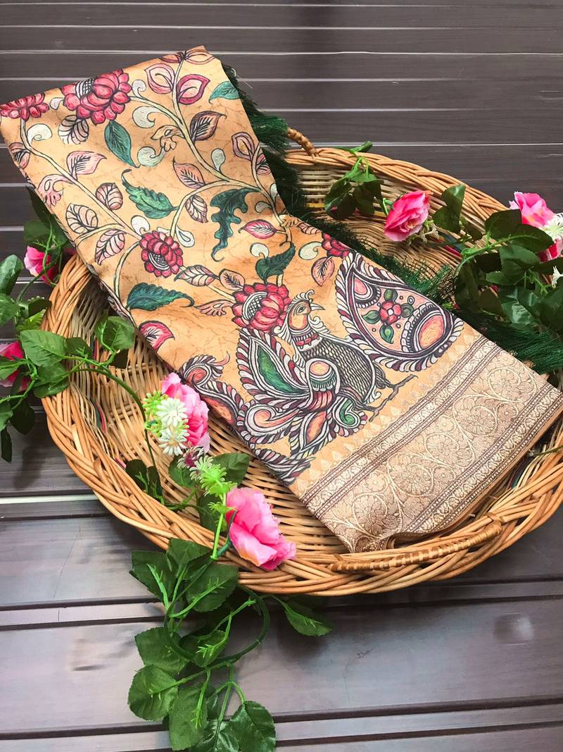 mustard color kalamkari fusion print contemporary silk blend saree  