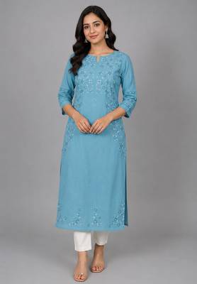 Teal blue embroidered kurta set 1