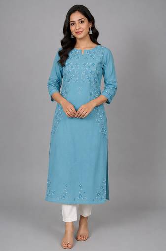 Teal blue embroidered kurta set