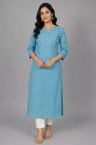 Teal blue embroidered kurta set
