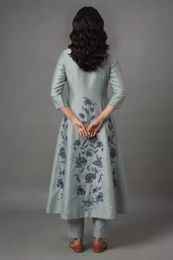 Light grey floral embroidered anarkali kurta set