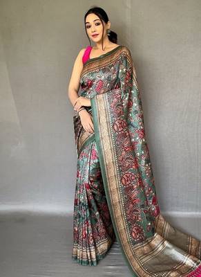 olive green color kalamkari fusion print contemporary silk blend saree   1