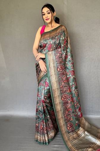 olive green color kalamkari fusion print contemporary silk blend saree  