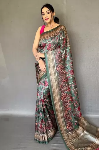 olive green color kalamkari fusion print contemporary silk blend saree  