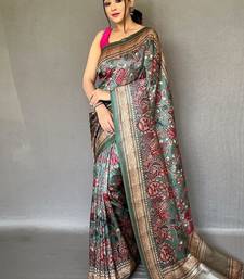 olive green color kalamkari fusion print contemporary silk blend saree  