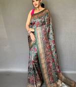 olive green color kalamkari fusion print contemporary silk blend saree  