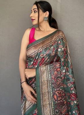 olive green color kalamkari fusion print contemporary silk blend saree   2