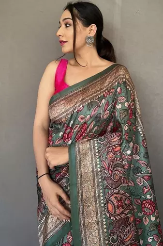 olive green color kalamkari fusion print contemporary silk blend saree  