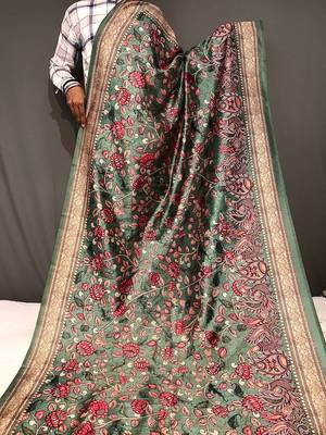 olive green color kalamkari fusion print contemporary silk blend saree   3