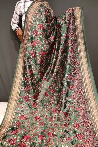 olive green color kalamkari fusion print contemporary silk blend saree  