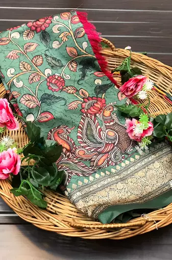 olive green color kalamkari fusion print contemporary silk blend saree  