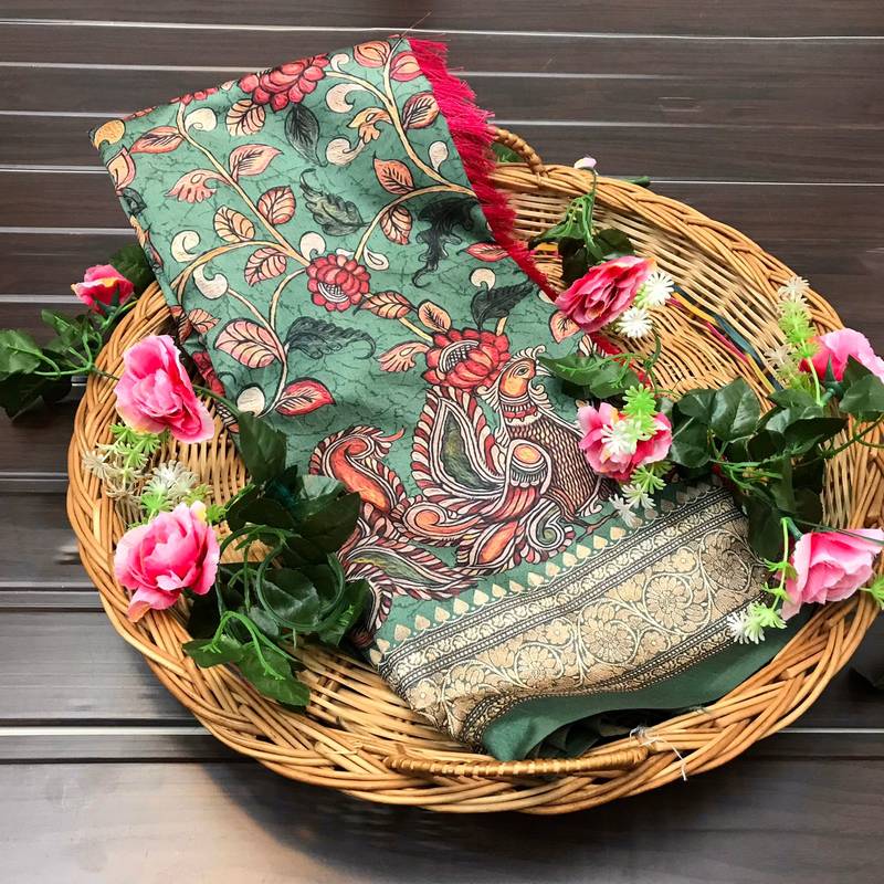 olive green color kalamkari fusion print contemporary silk blend saree  