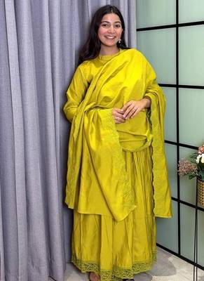 mehendi color lace border silk blend gown set 1