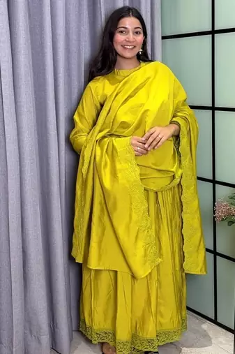 mehendi color lace border silk blend gown set