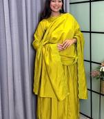 mehendi color lace border silk blend gown set