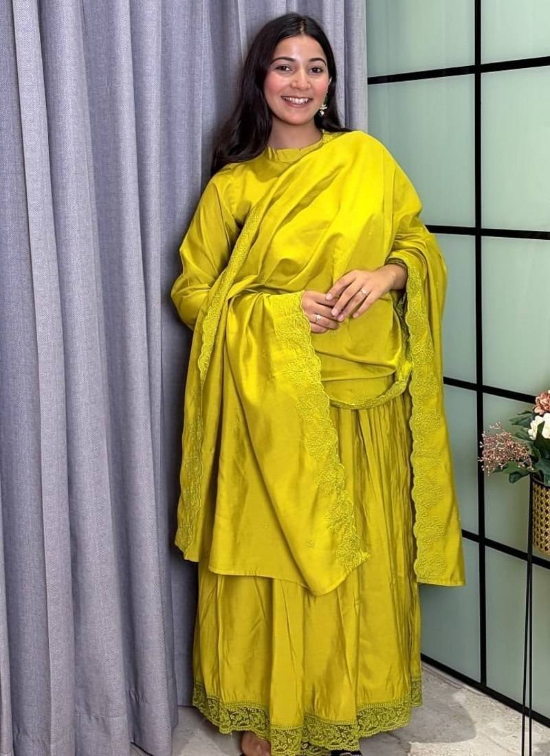 mehendi color lace border silk blend gown set