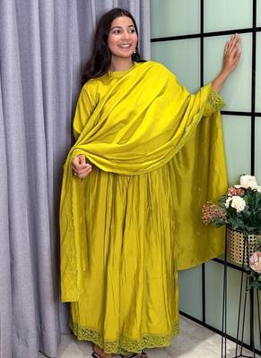 mehendi color lace border silk blend gown set 2