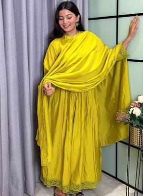 mehendi color lace border silk blend gown set 3