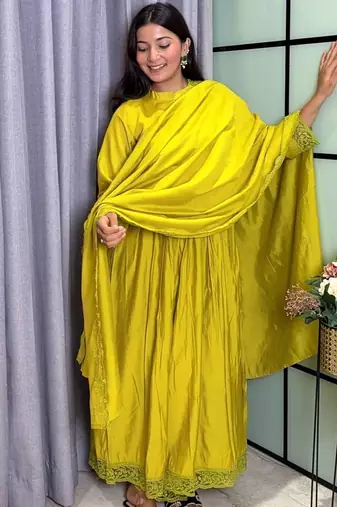 mehendi color lace border silk blend gown set