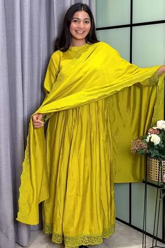 mehendi color lace border silk blend gown set