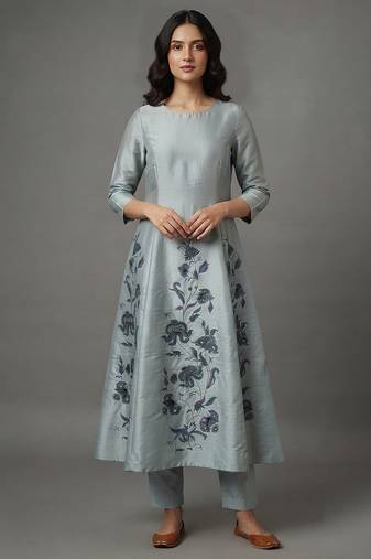 Light grey floral embroidered anarkali kurta set